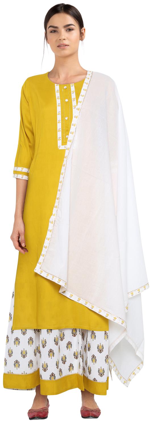 

CHRISTEENA Women Viscose Rayon Embroidered Yellow Yellow Kurta With Skirt With Dupatta