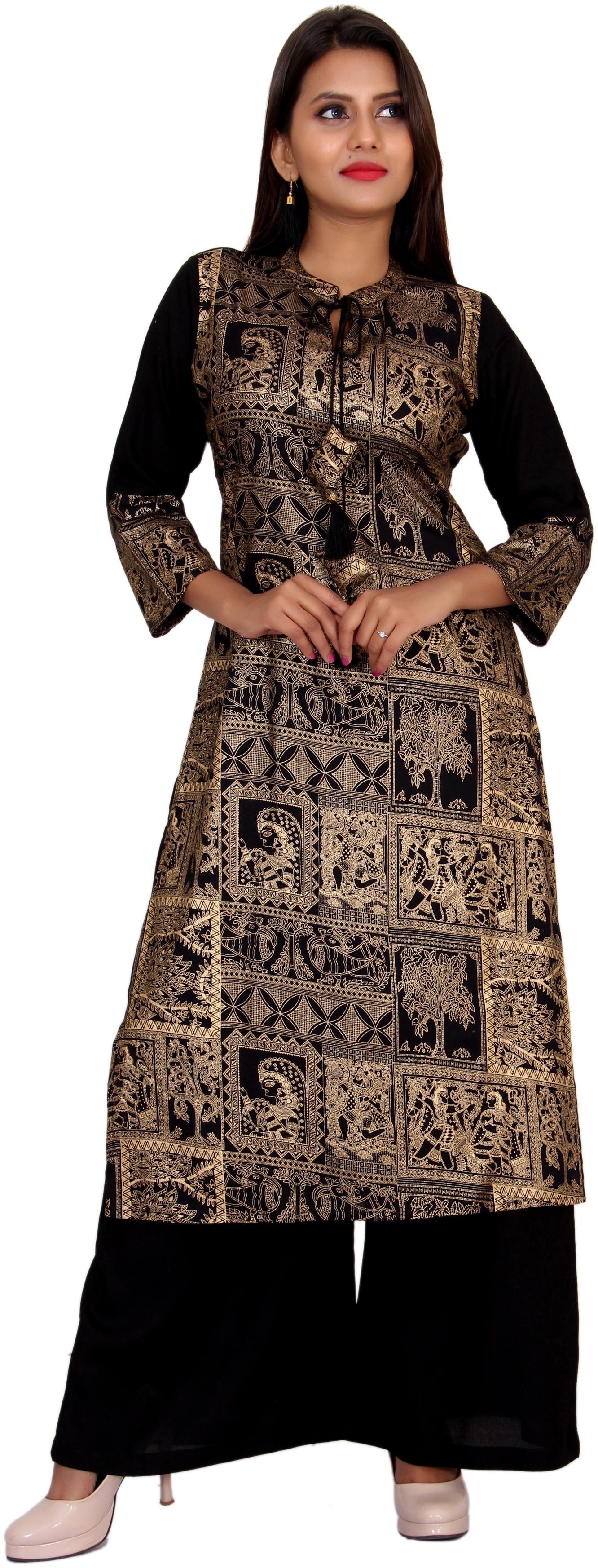 

CHRISTEENA Women Black Beige Printed Straight Kurta With Palazzo