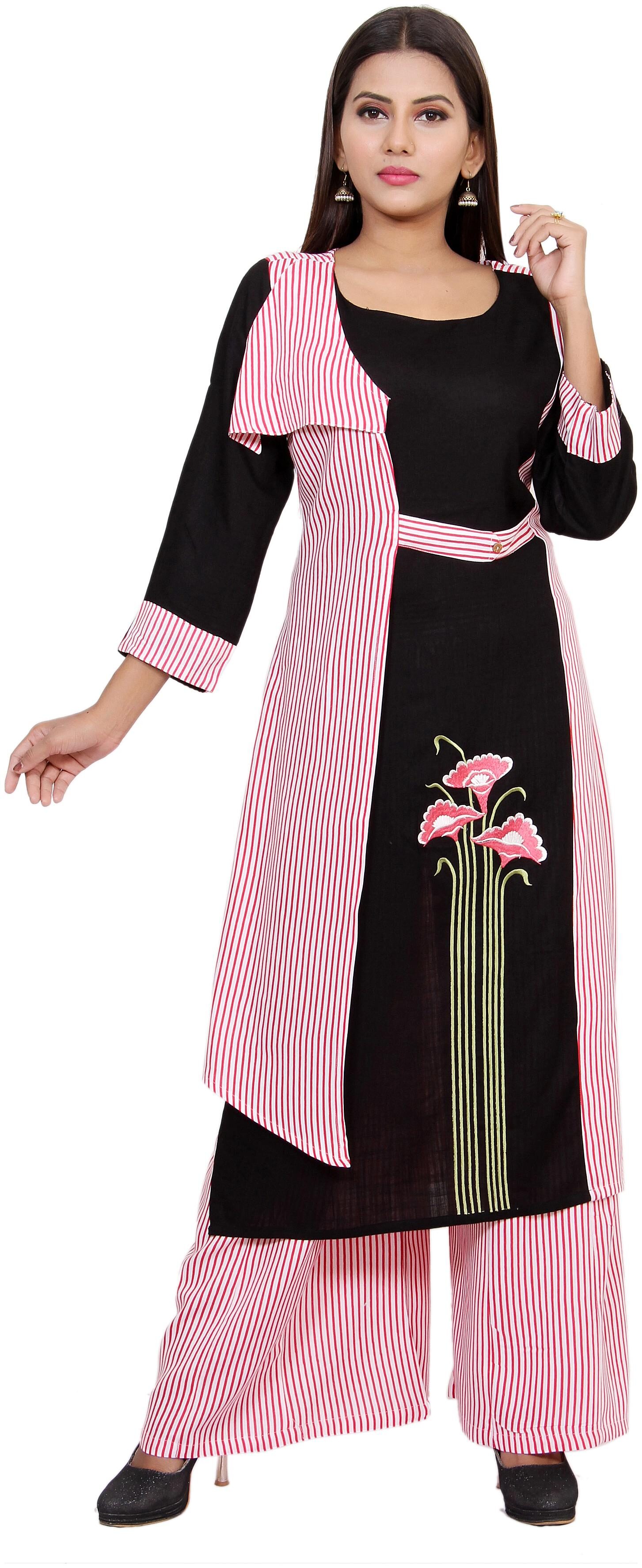 

CHRISTEENA Women Rayon Embroidery Straight Kurta With Palazzo Pink Black