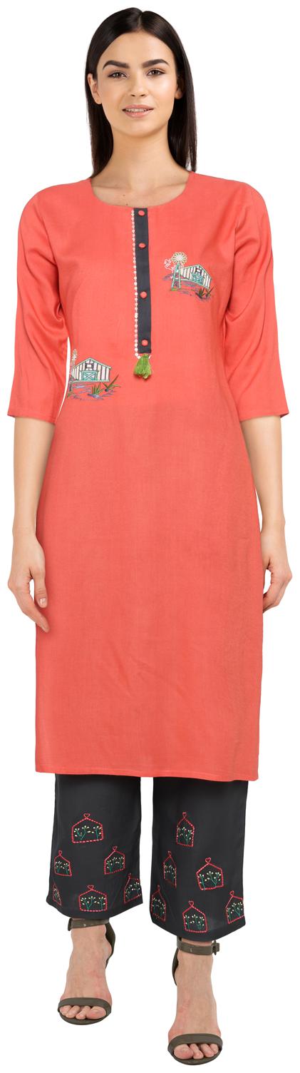 

CHRISTEENA Women Viscose Rayon Embroidered Kurta Pink