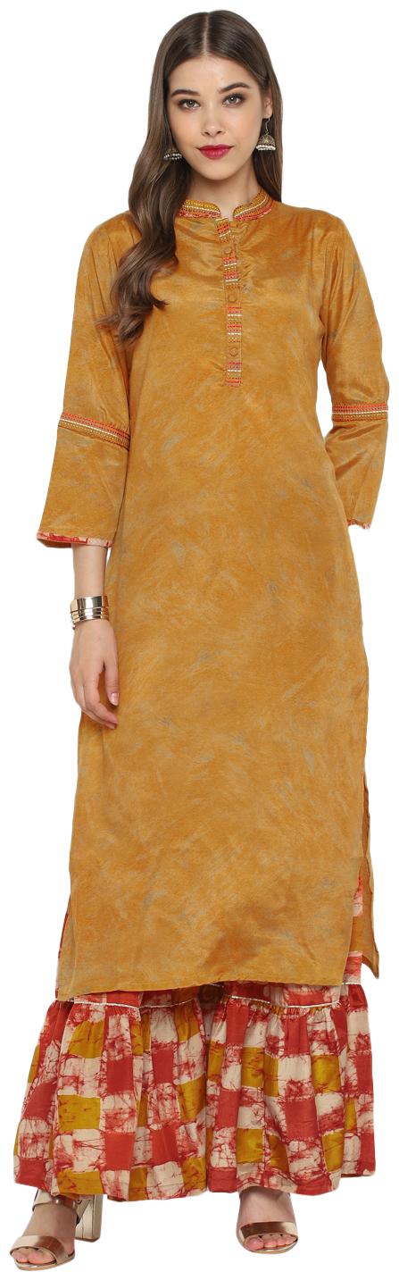 

Christeena Women Rayon Stitched Suits Kurta With Sharara Set (Mustard)