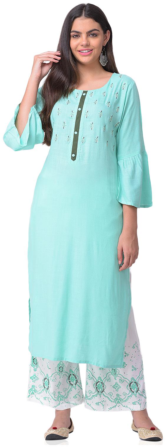 

CHRISTEENA Women Rayon Straight Kurta With Palazzo Turquoise and White color