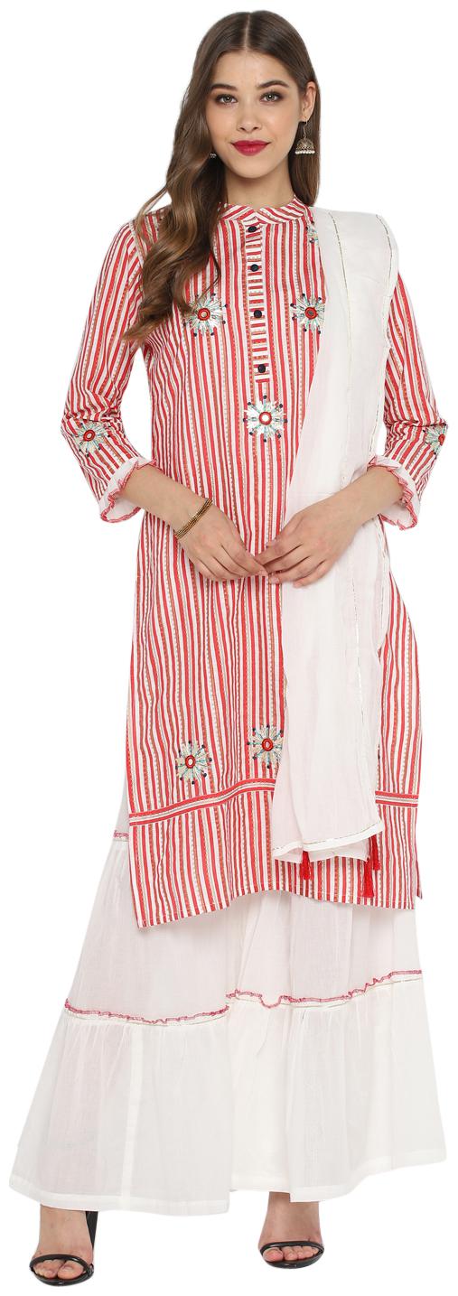 

Christeena Women Rayon Stitched Suits Kurta Sharara With Dupatta Set (Red)