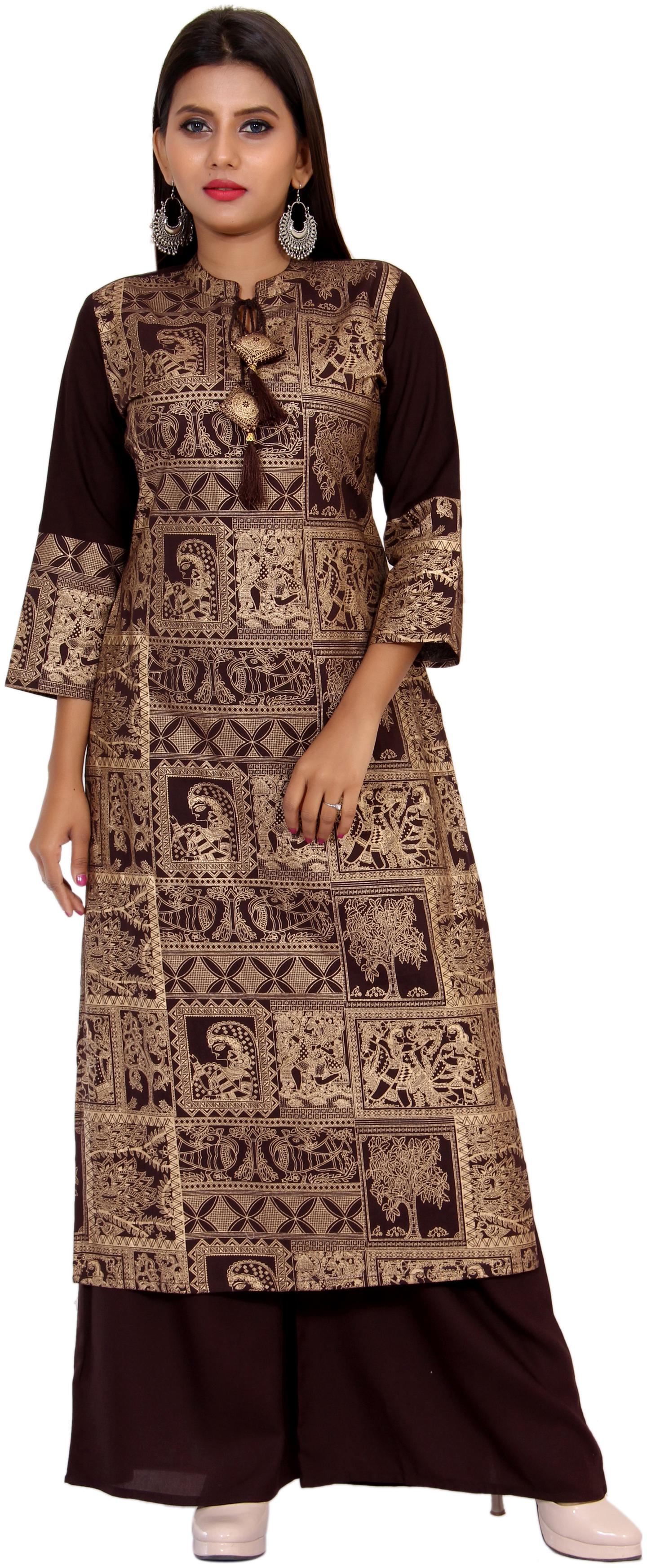 

CHRISTEENA Women Brown Beige Printed Straight Kurta With Palazzo