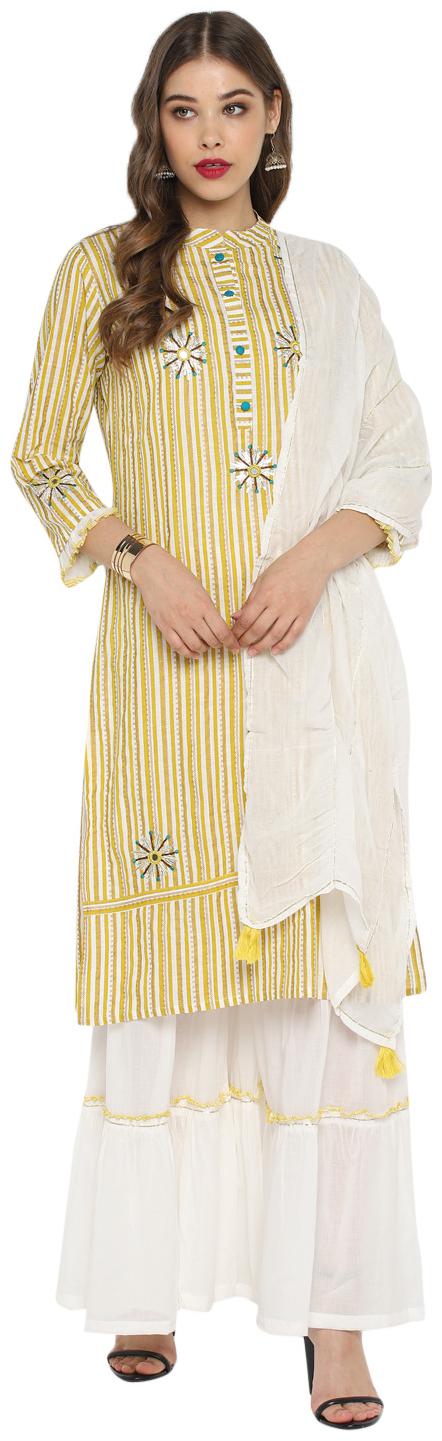 

Christeena Women Rayon Stitched Suits Kurta Sharara With Dupatta Set (Mustard)