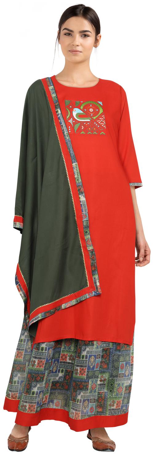 

CHRISTEENA Women Viscose Rayon Embroidered Red Red Kurta With Skirt With Dupatta