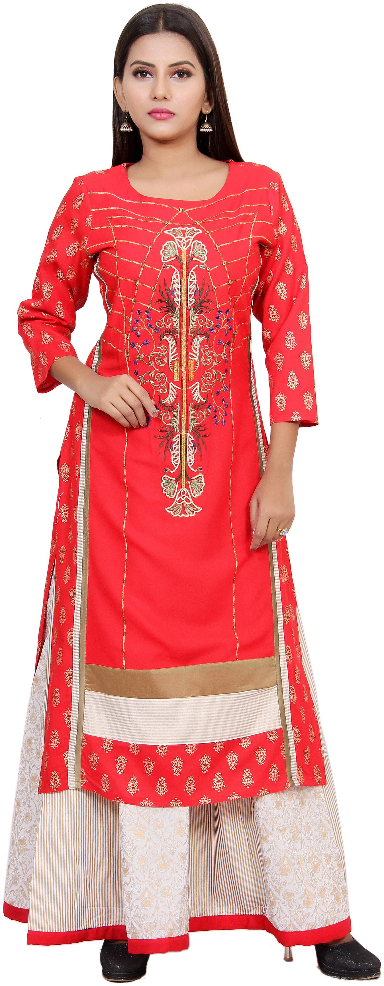 

CHRISTEENA Women Rayon Embroidery Straight Kurta With Palazzo Red White