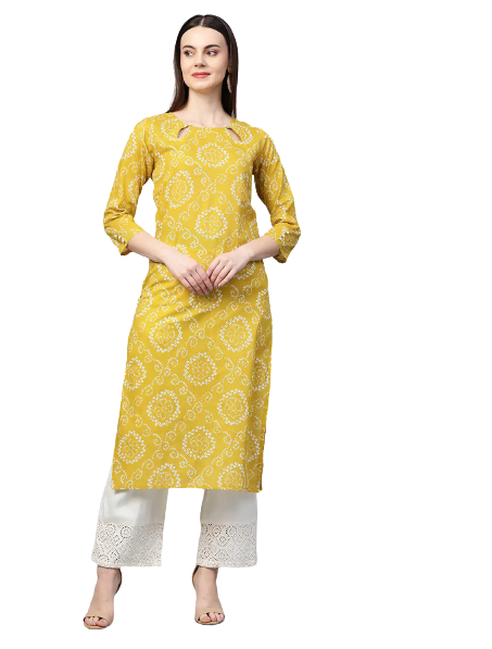 

Cifer Women Yellow Bandhani Straight Kurti