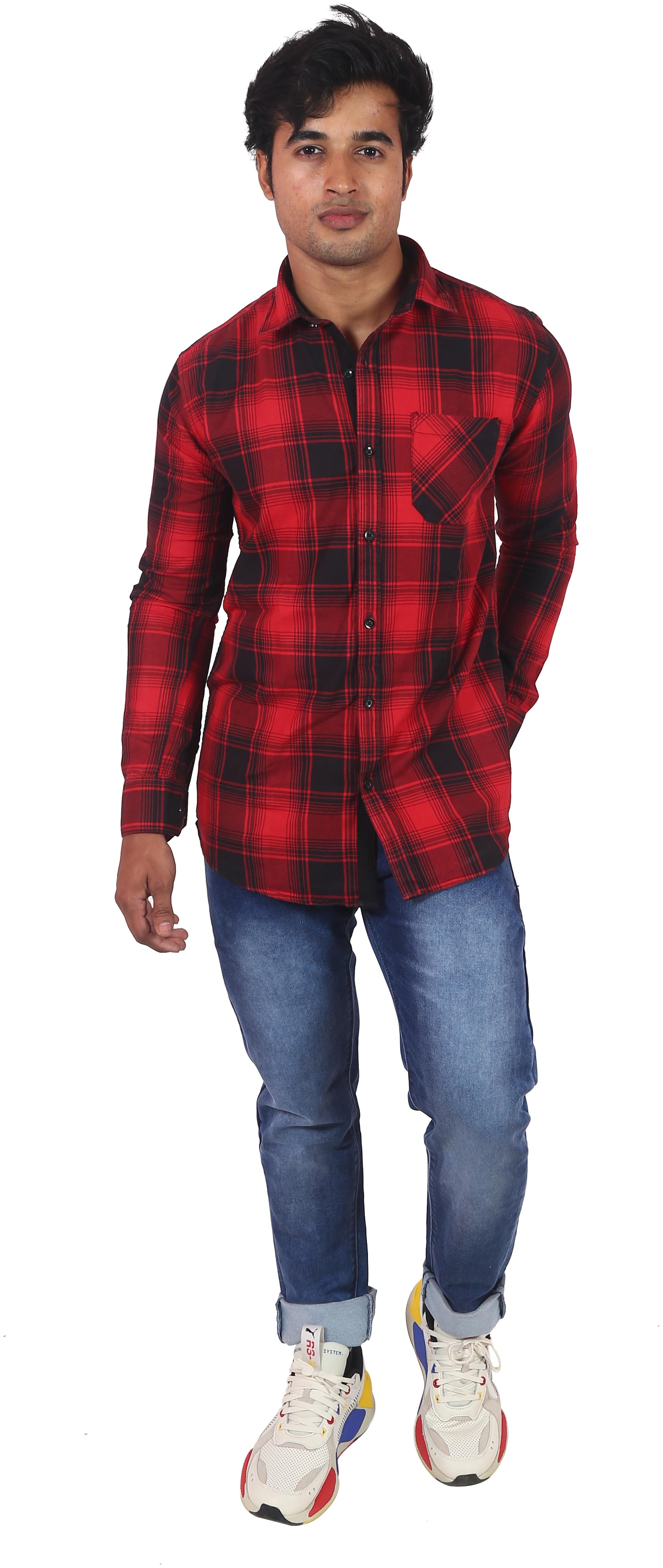 

Classic Denim Men Red Black Checked Regular Fit Casual Shirt