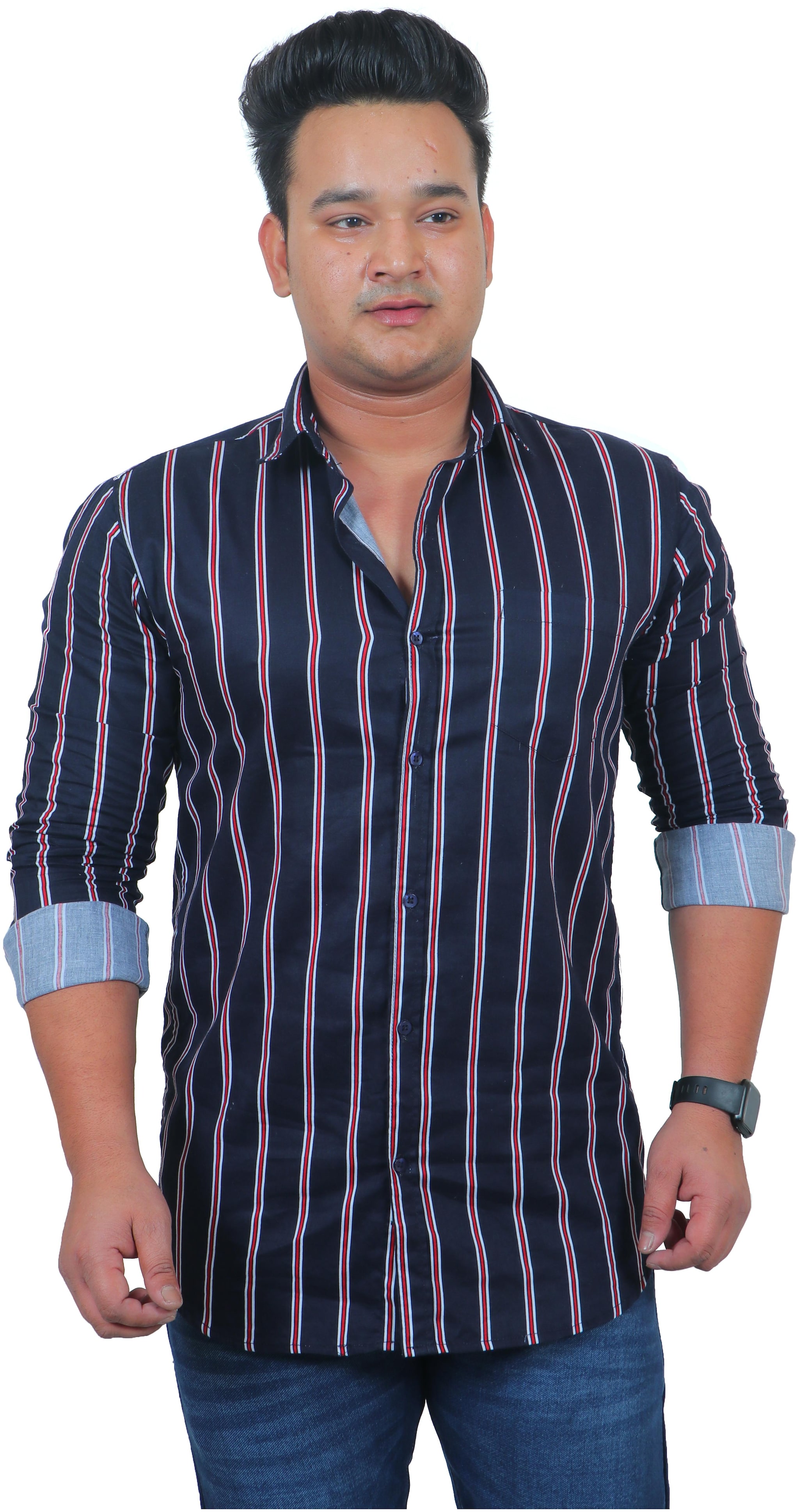 

Classic Denim Men Cotton Striped Casual Shirt Red