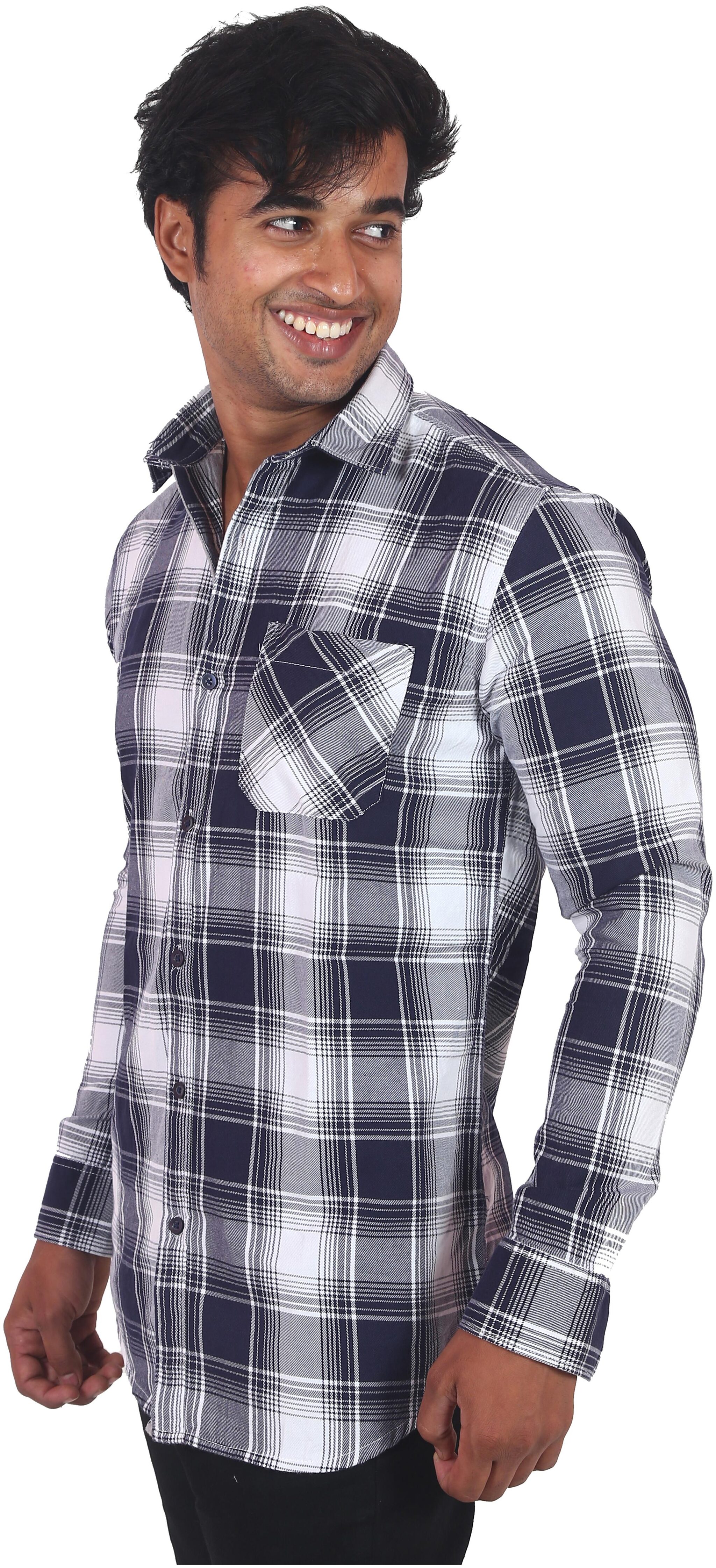 

Classic Denim Men White Navy Blue Checked Regular Fit Casual Shirt