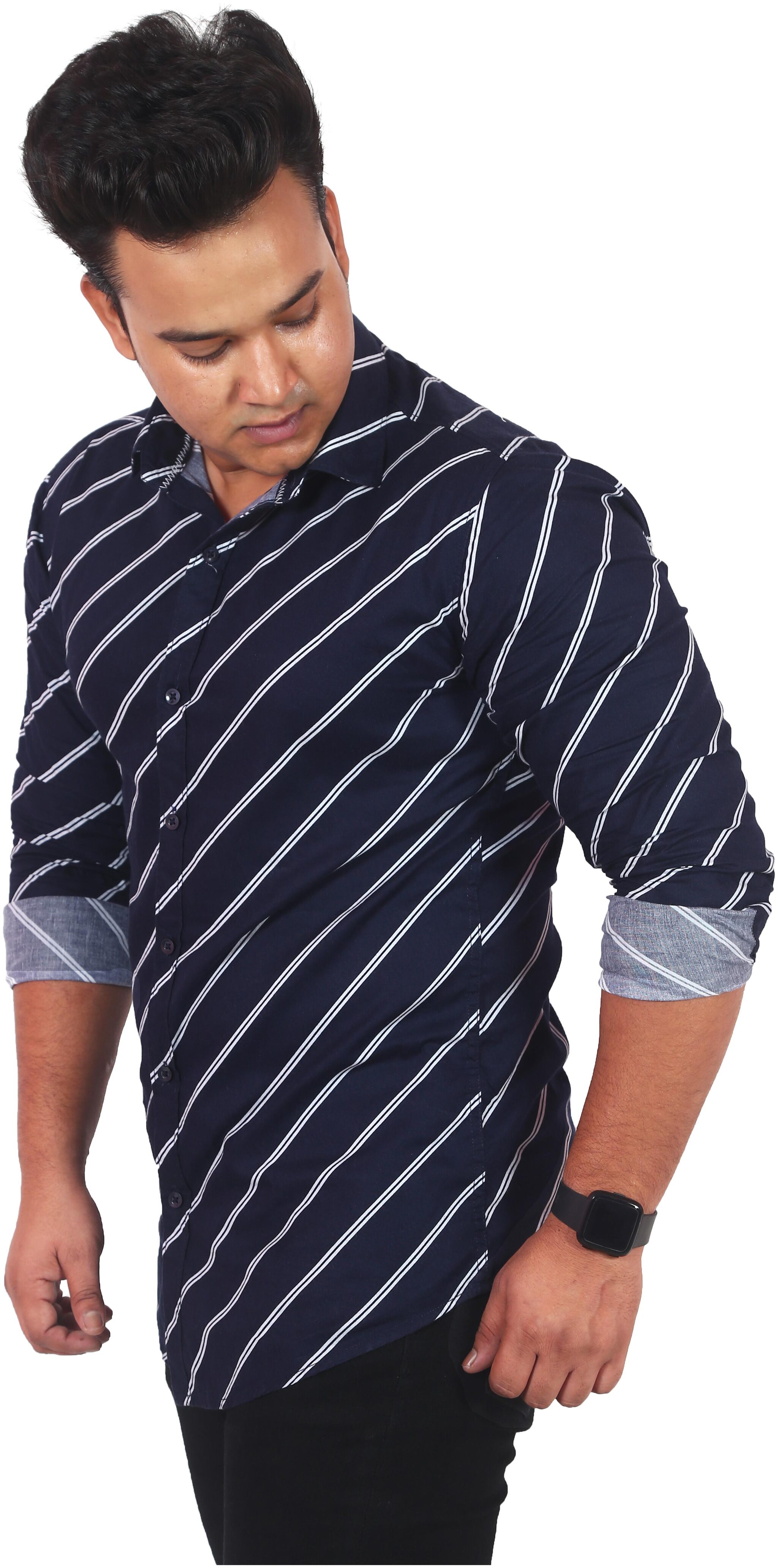 

Classic Denim Men Cotton Striped Navy Blue Casual Shirt