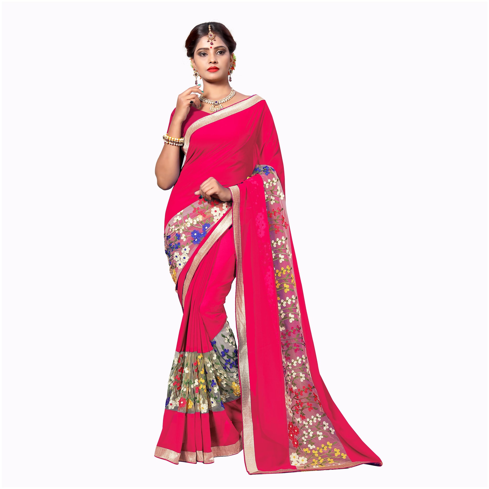 

Classic Selection Georgette Pink Embroidered Designer Saree For Women