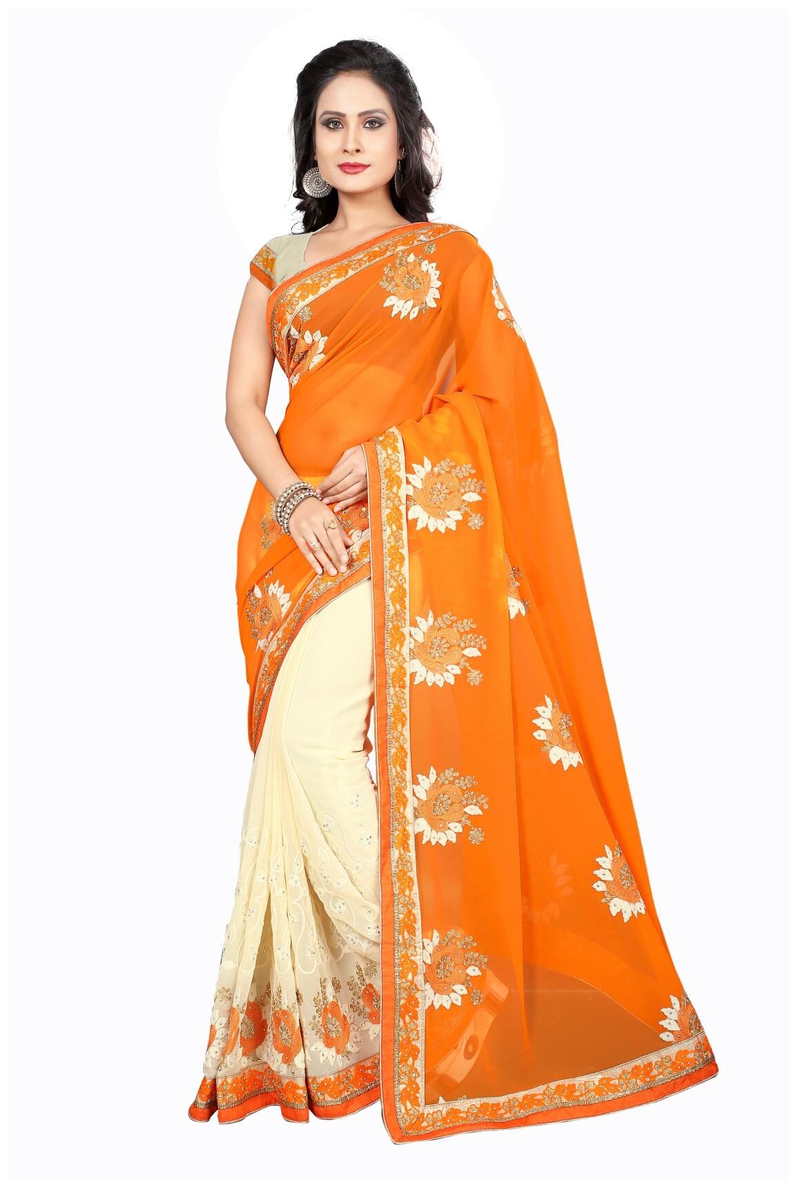

Classic Selection Georgette Orange Embroidered Designer Saree For Women