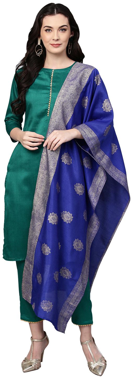 

Ahalyaa Women Green Solid Straight Kurta With Pants And Dupatta