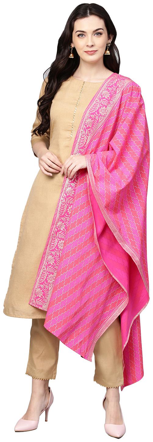 

Ahalyaa Women Beige Solid Straight Kurta With Pants And Dupatta