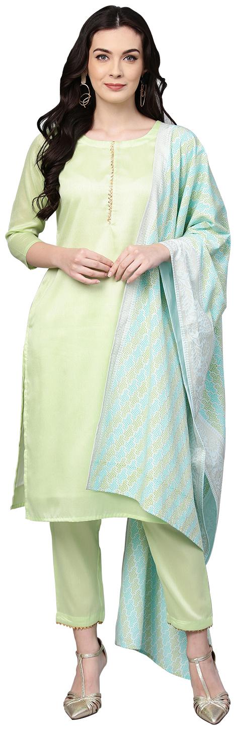 

Ahalyaa Women Green Solid Straight Kurta With Pants And Dupatta
