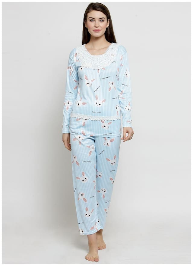 Claura Women Cotton & Blended Printed Top and Pyjama Set - Blue