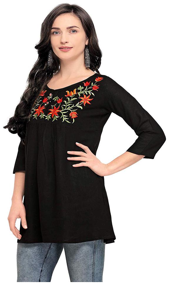 

CLEMIRA Women Embroidered Floral Fusion tunic Fusion top - Black