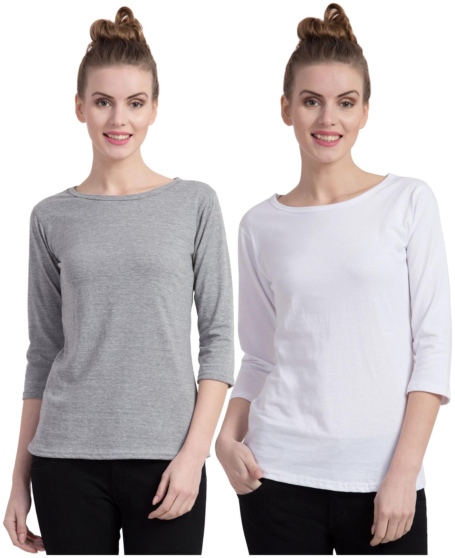 

Cliths Women Grey White Slim fit Round neck Cotton T shirt