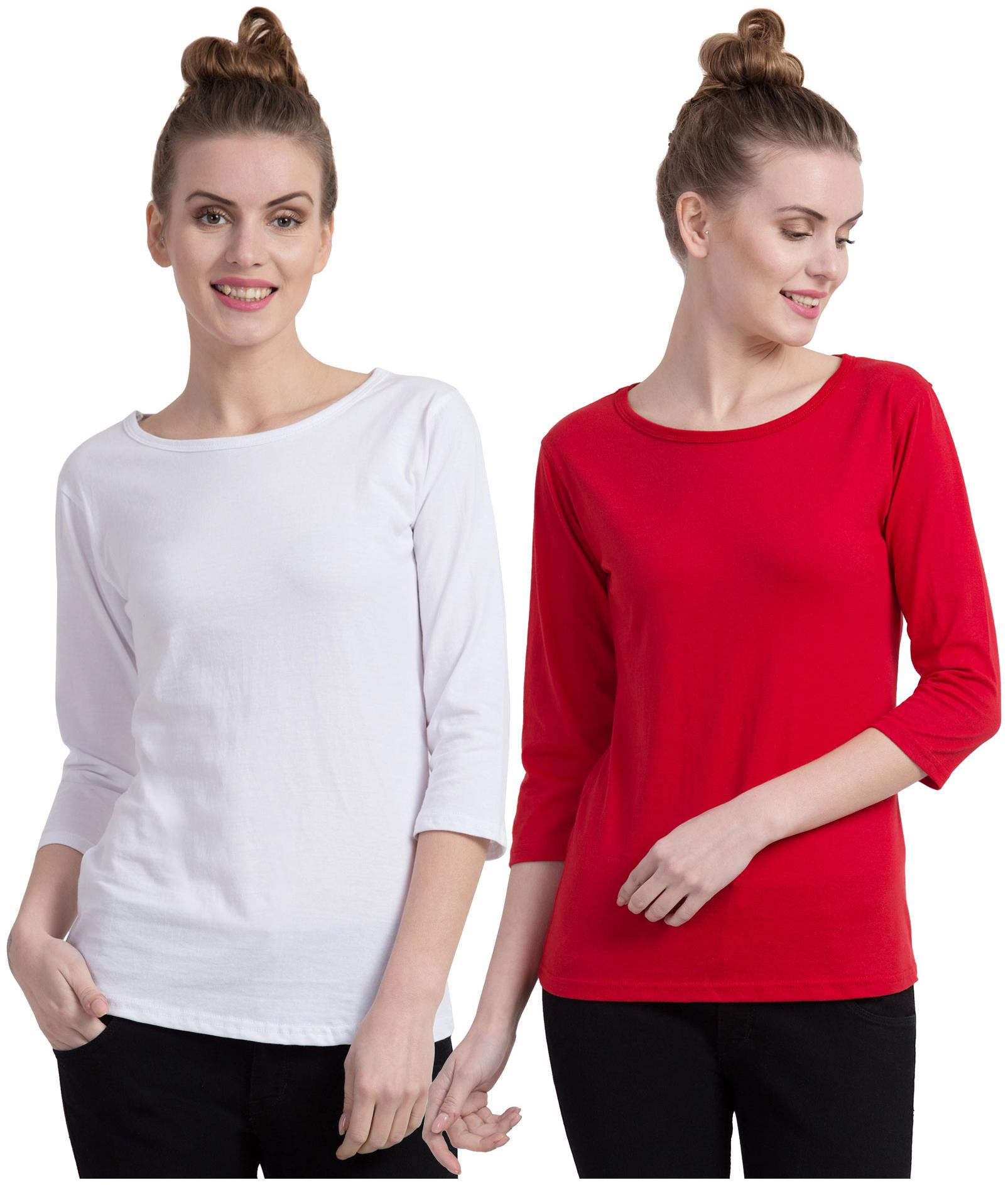 

Cliths Women Red White Slim fit Round neck Cotton T shirt