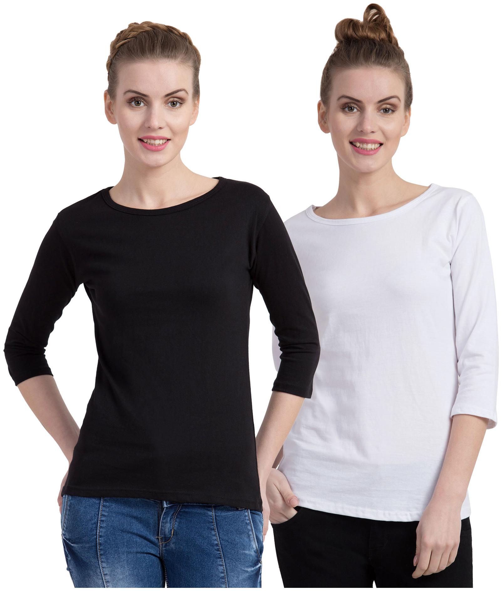 

Cliths Women Black White Slim fit Round neck Cotton T shirt
