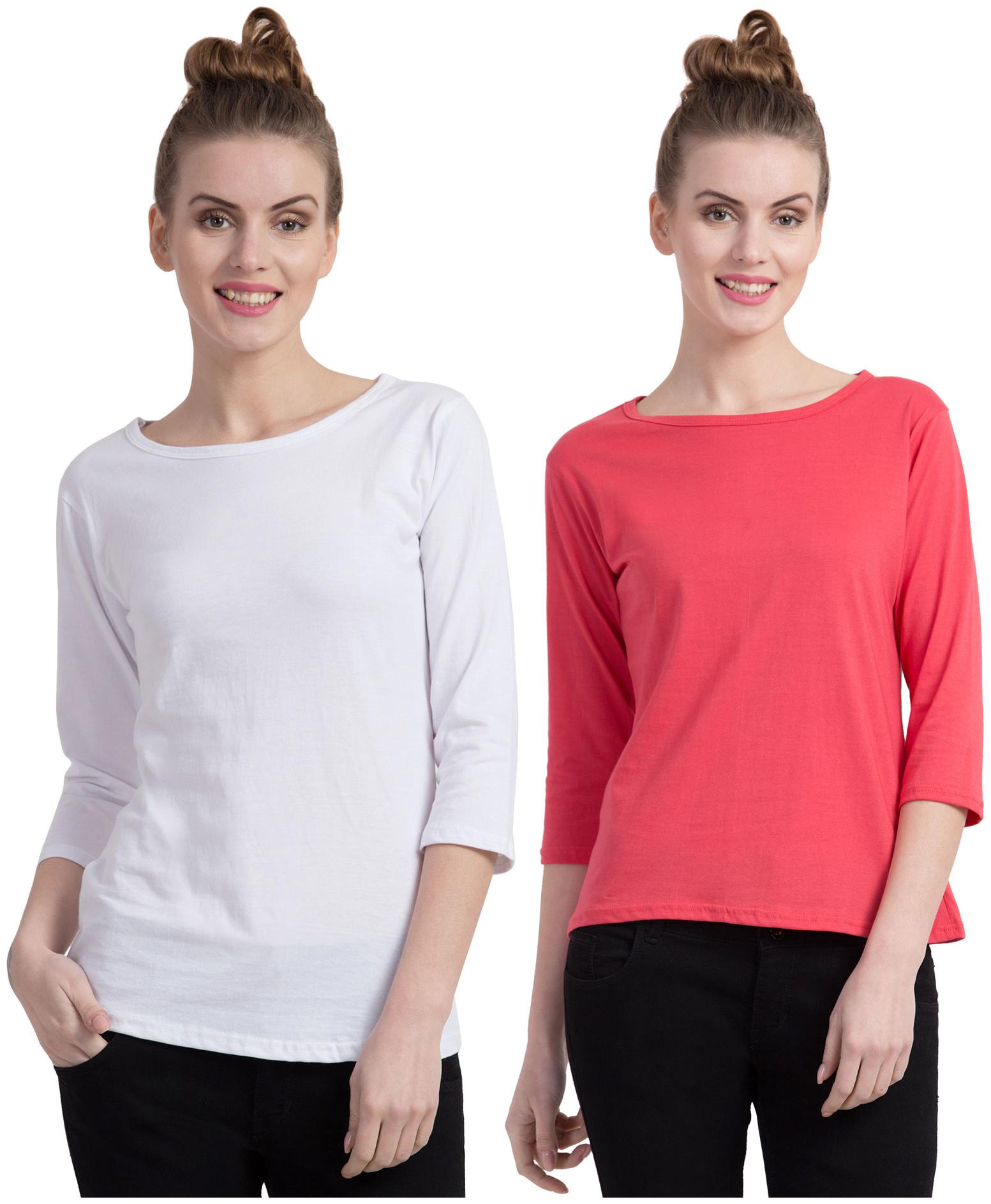 

Cliths Women Pink White Slim fit Round neck Cotton T shirt