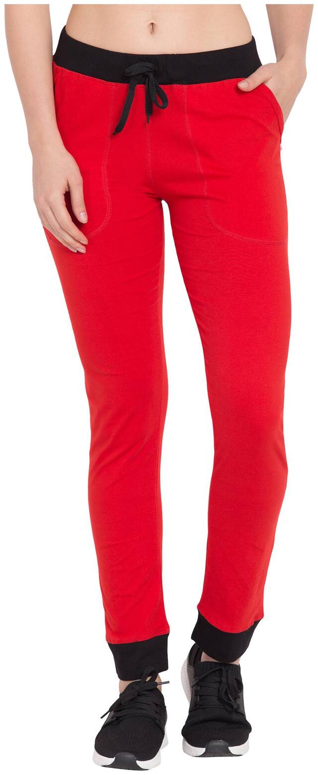Cliths Women Slim fit Cotton Self design Track pants - Red