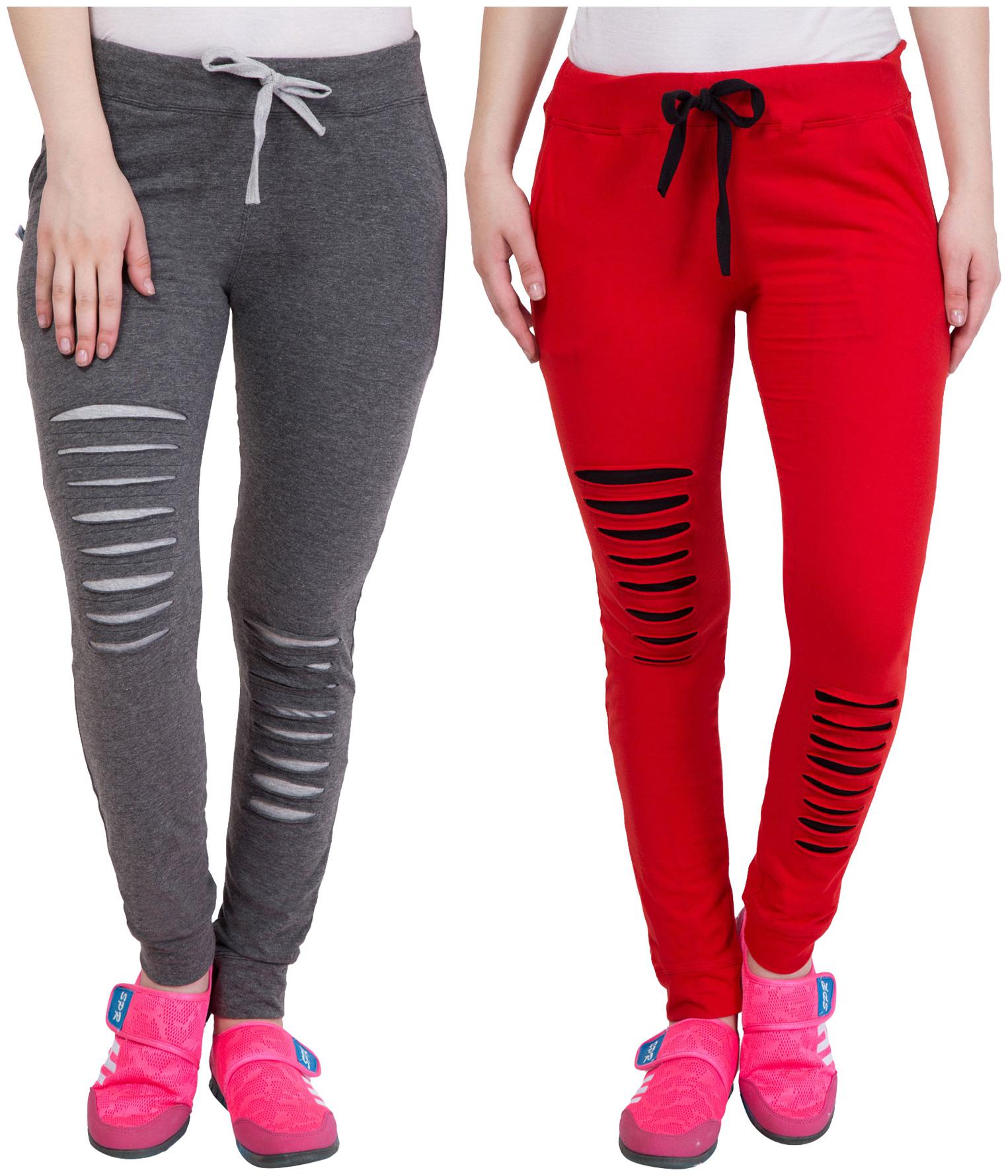 

Cliths Self Design Cotton Joggers For Women (Grey Red)