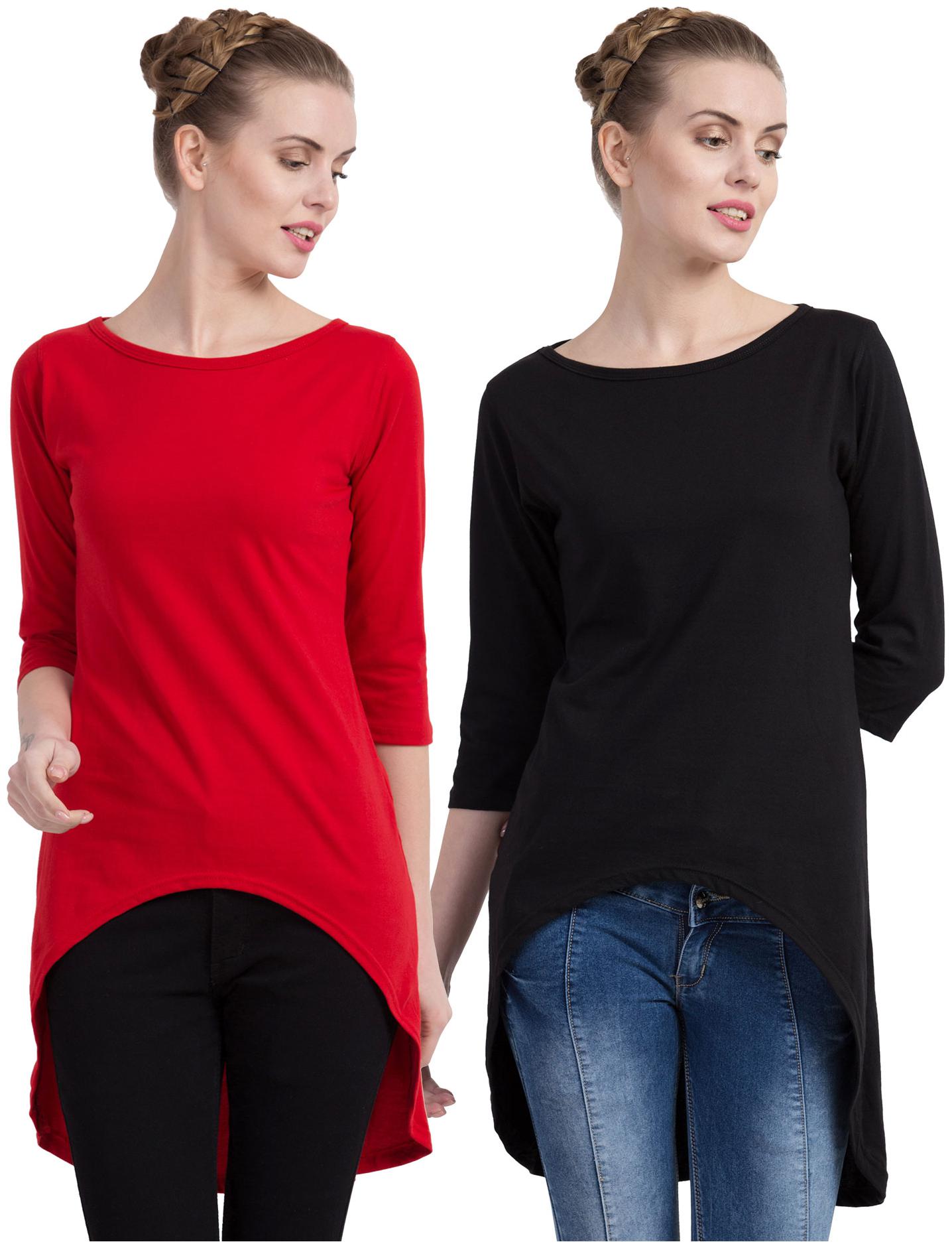 

Cliths Women Red Black Slim fit Round neck Cotton T shirt
