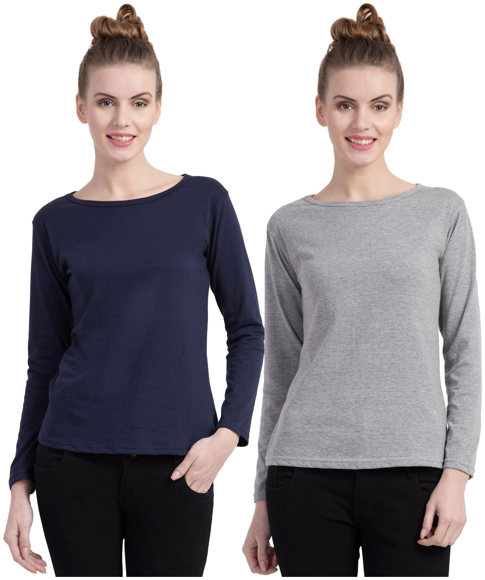

Cliths Women Blue Grey Slim fit Round neck Cotton T shirt