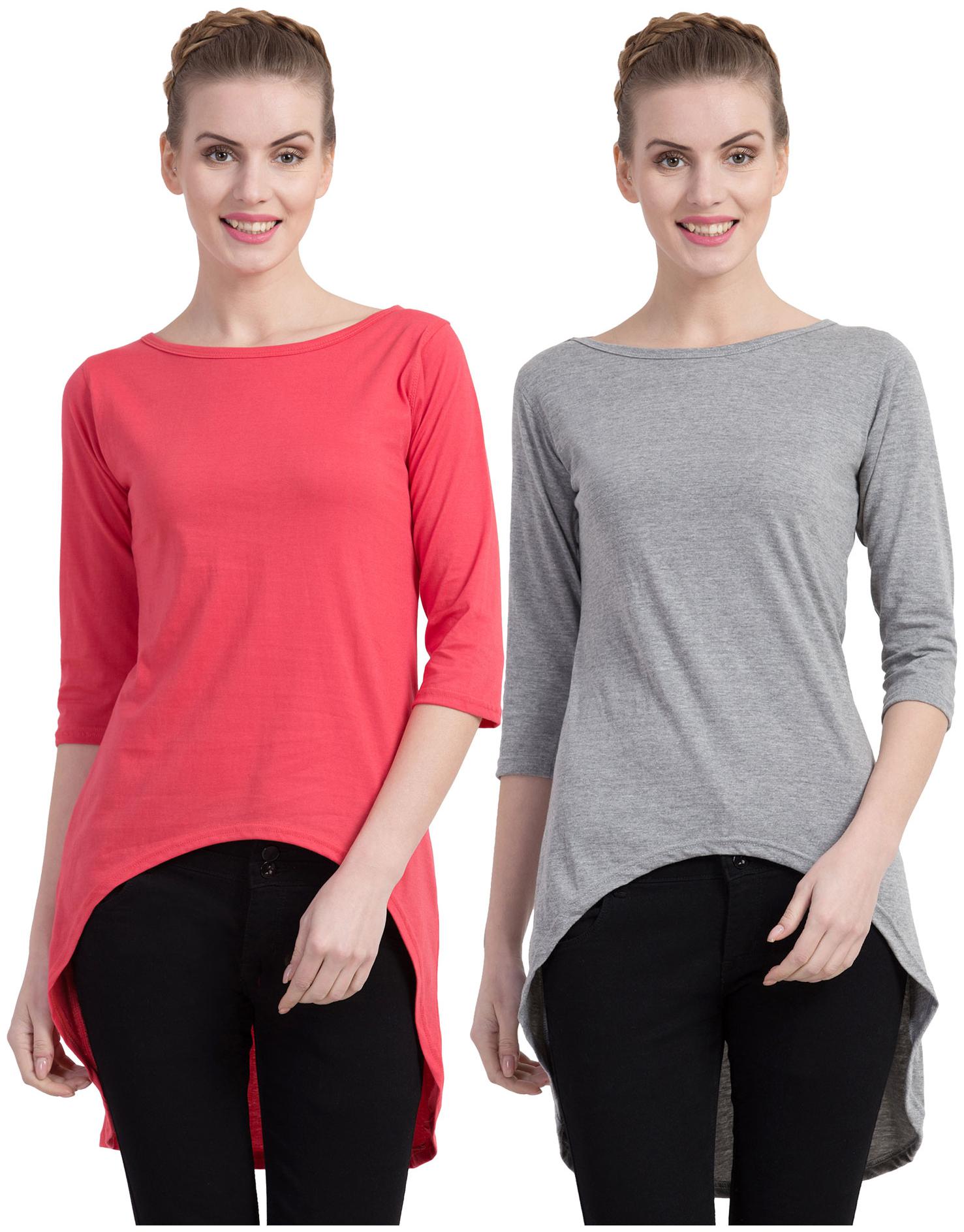 

Cliths Women Pink Grey Slim fit Round neck Cotton T shirt