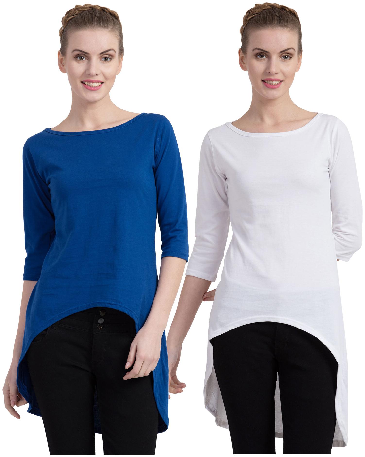 

Cliths Women Blue White Slim fit Round neck Cotton T shirt