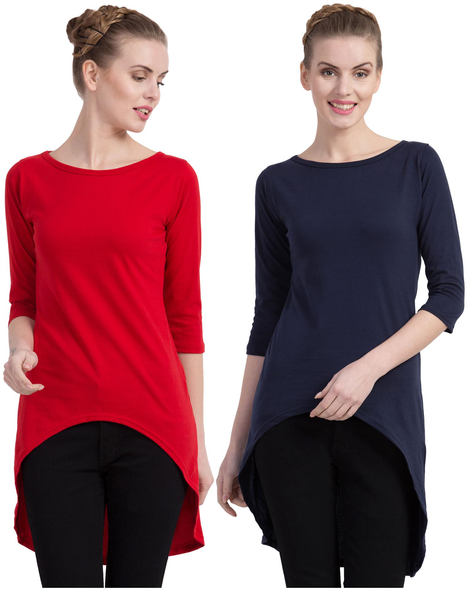 

Cliths Women Red Blue Slim fit Round neck Cotton T shirt