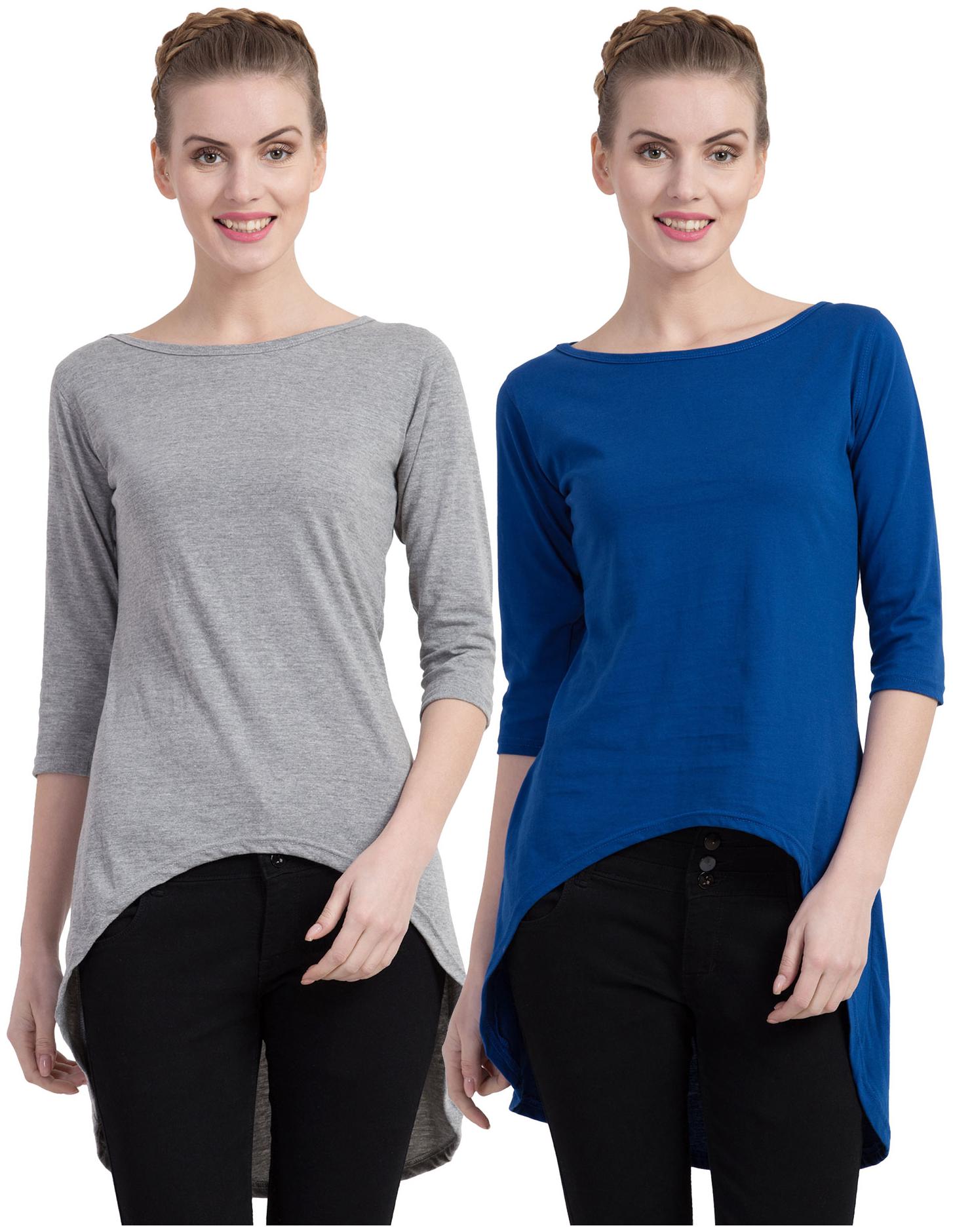

Cliths Women Grey Blue Slim fit Round neck Cotton T shirt