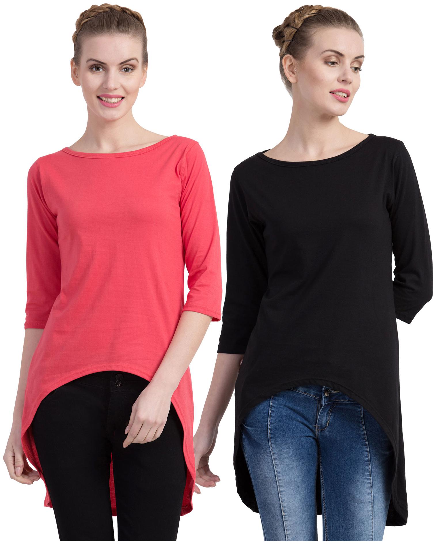 

Cliths Women Pink Black Slim fit Round neck Cotton T shirt
