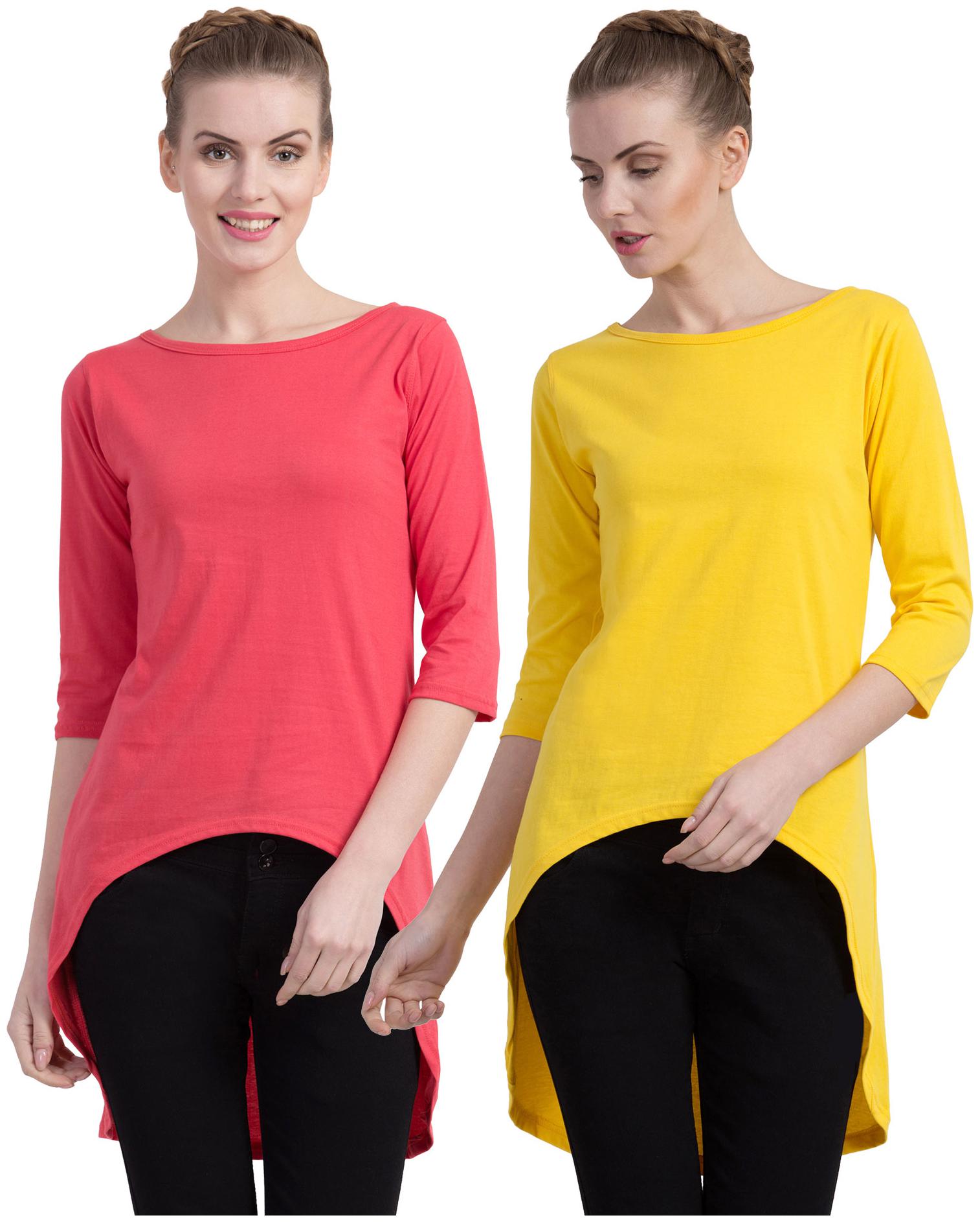 

Cliths Women Pink Yellow Slim fit Round neck Cotton T shirt