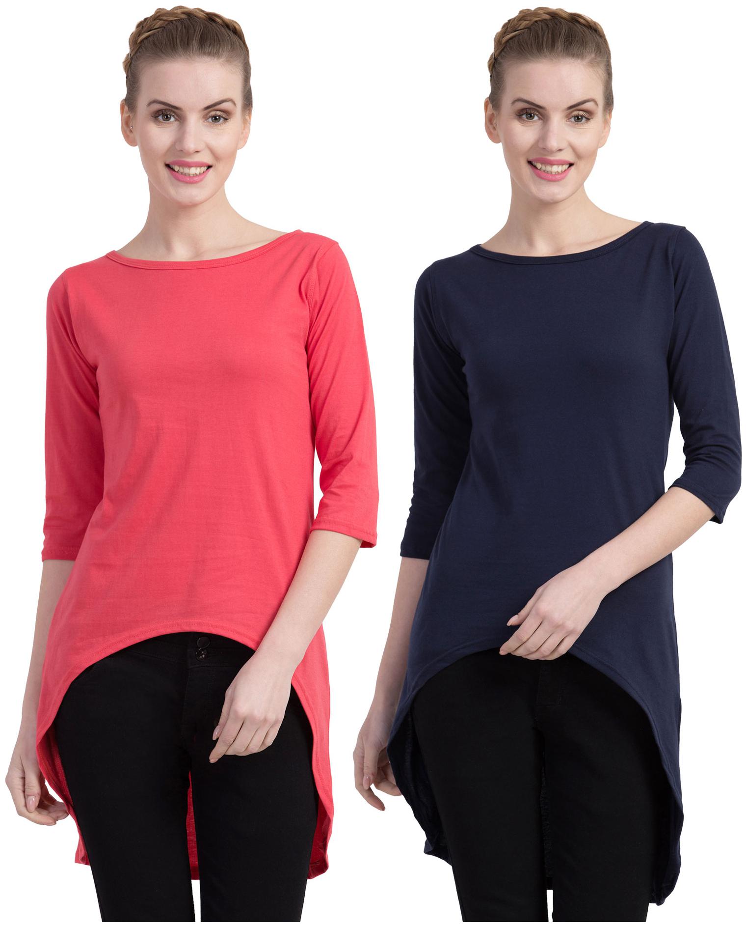 

Cliths Women Pink Blue Slim fit Round neck Cotton T shirt