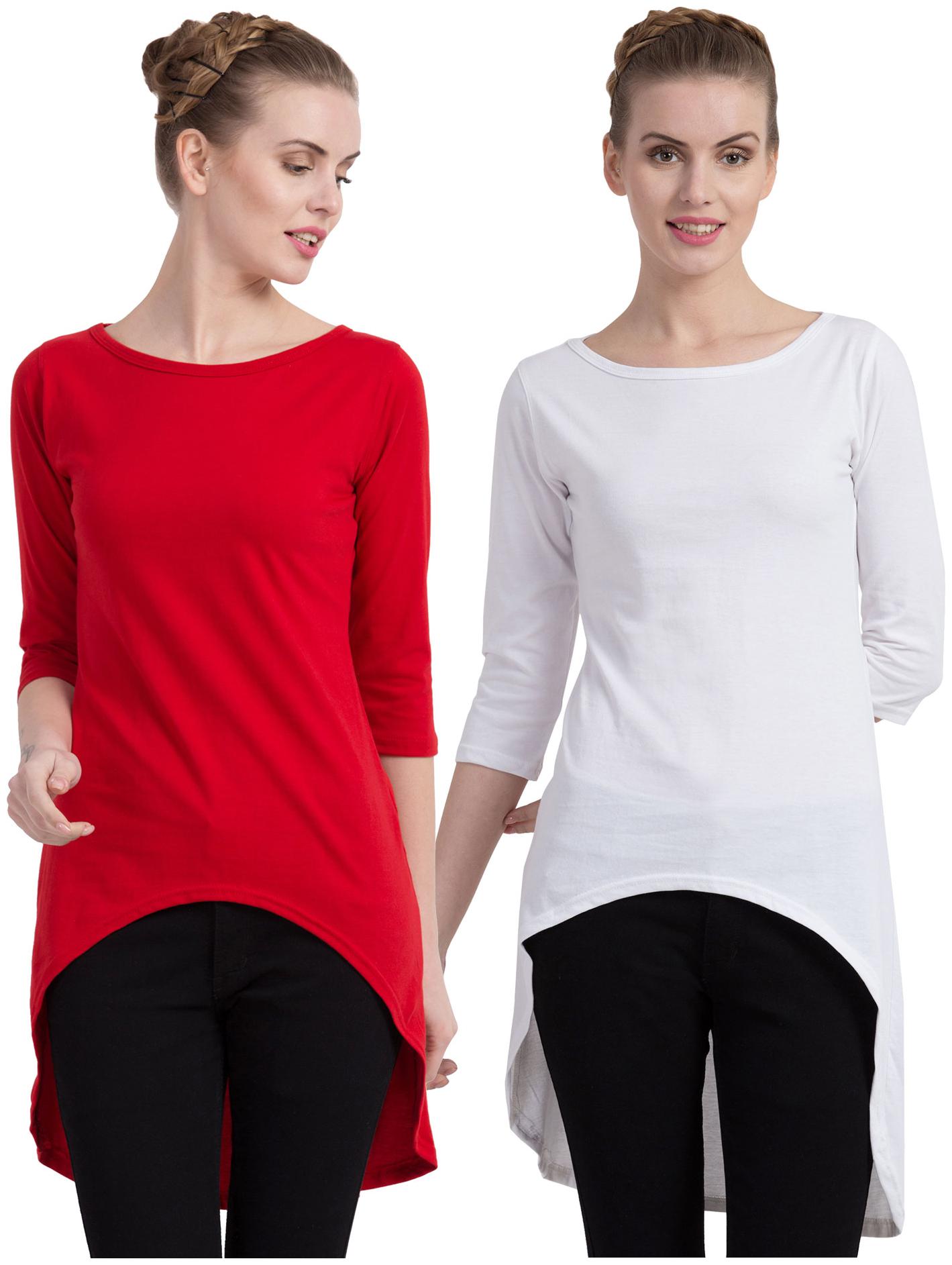 

Cliths Women Red White Slim fit Round neck Cotton T shirt
