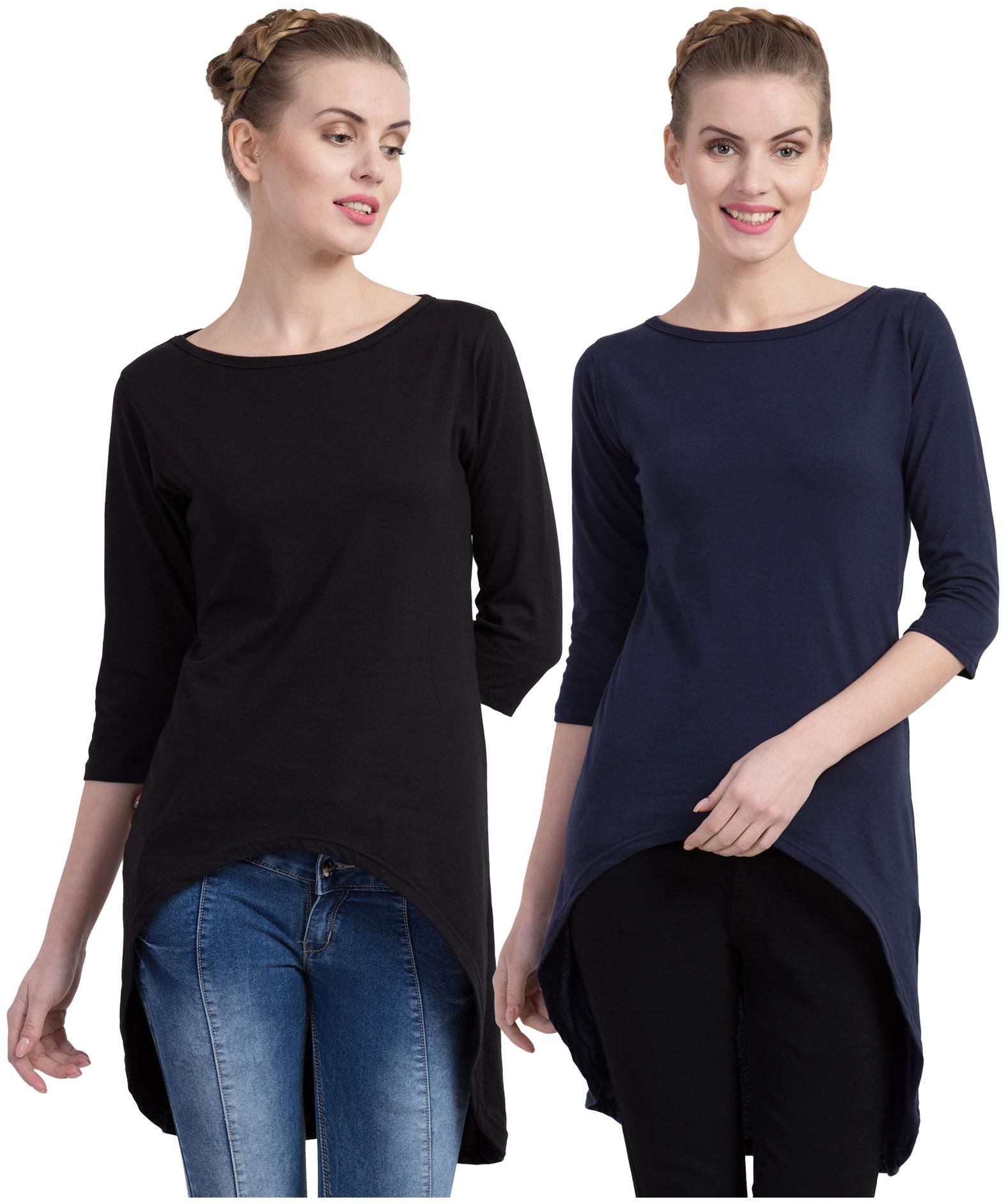 

Cliths Women Black Navy Slim fit Round neck Cotton T shirt