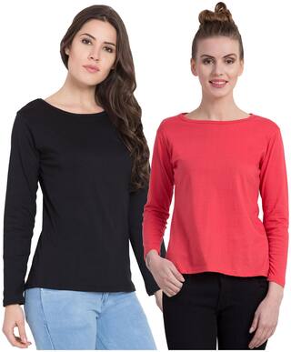 Cliths Women Black & Pink Slim fit Round neck Cotton T shirt