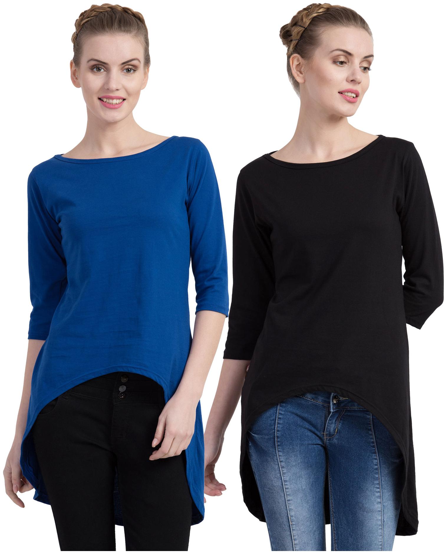 

Cliths Women Blue Black Slim fit Round neck Cotton T shirt