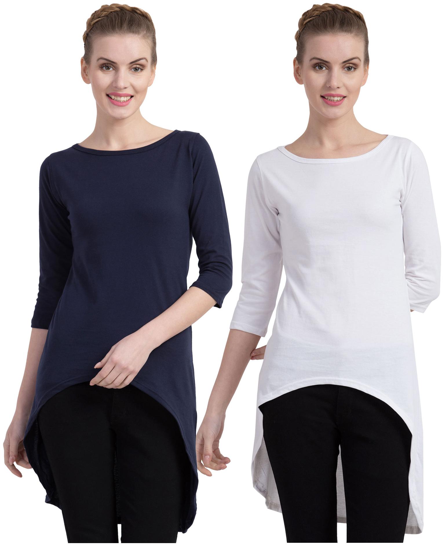 

Cliths Women Blue White Slim fit Round neck Cotton T shirt