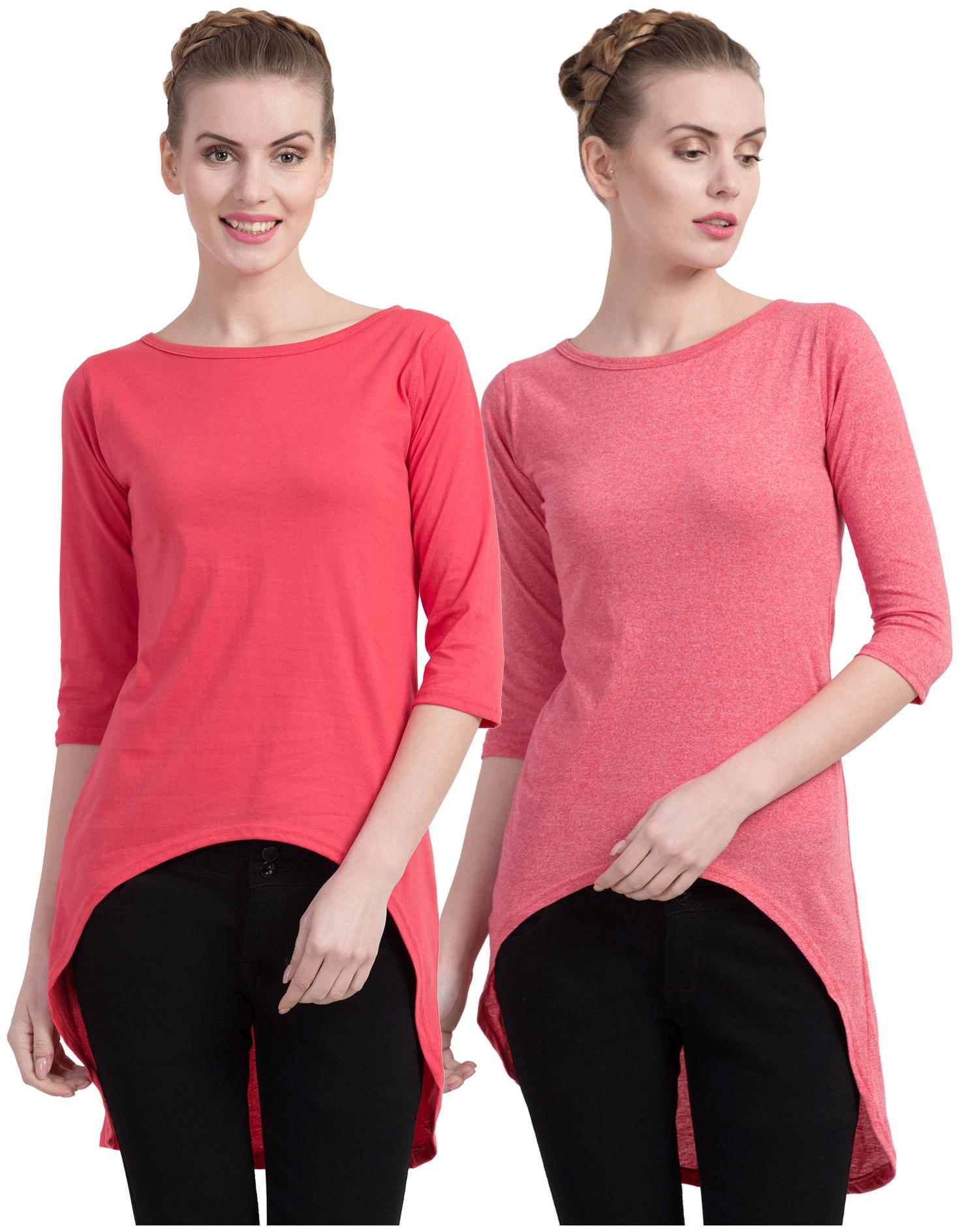 

Cliths Women Orange Pink Slim fit Round neck Cotton T shirt