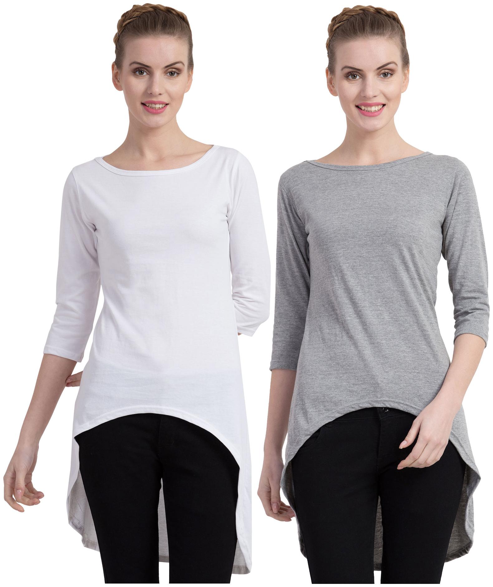 

Cliths Women Grey White Slim fit Round neck Cotton T shirt