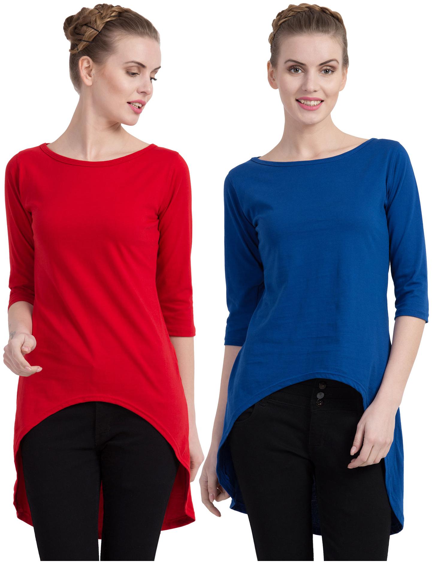 

Cliths Women Red Blue Slim fit Round neck Cotton T shirt
