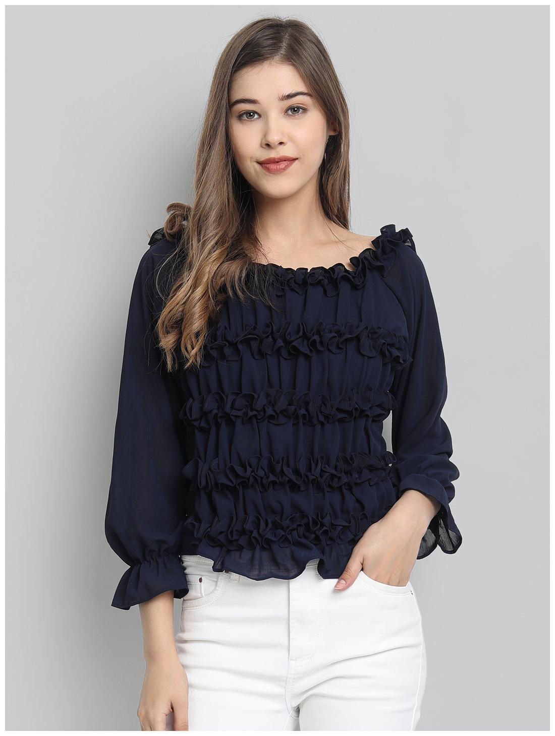 

Clothzy Chiffon Solid Navy Blue Top Tunic For Women