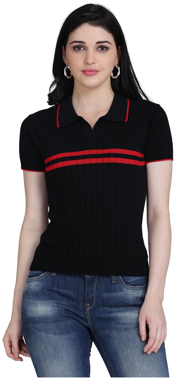 

Clothzy Women Black Regular fit Polo neck Cotton T shirt