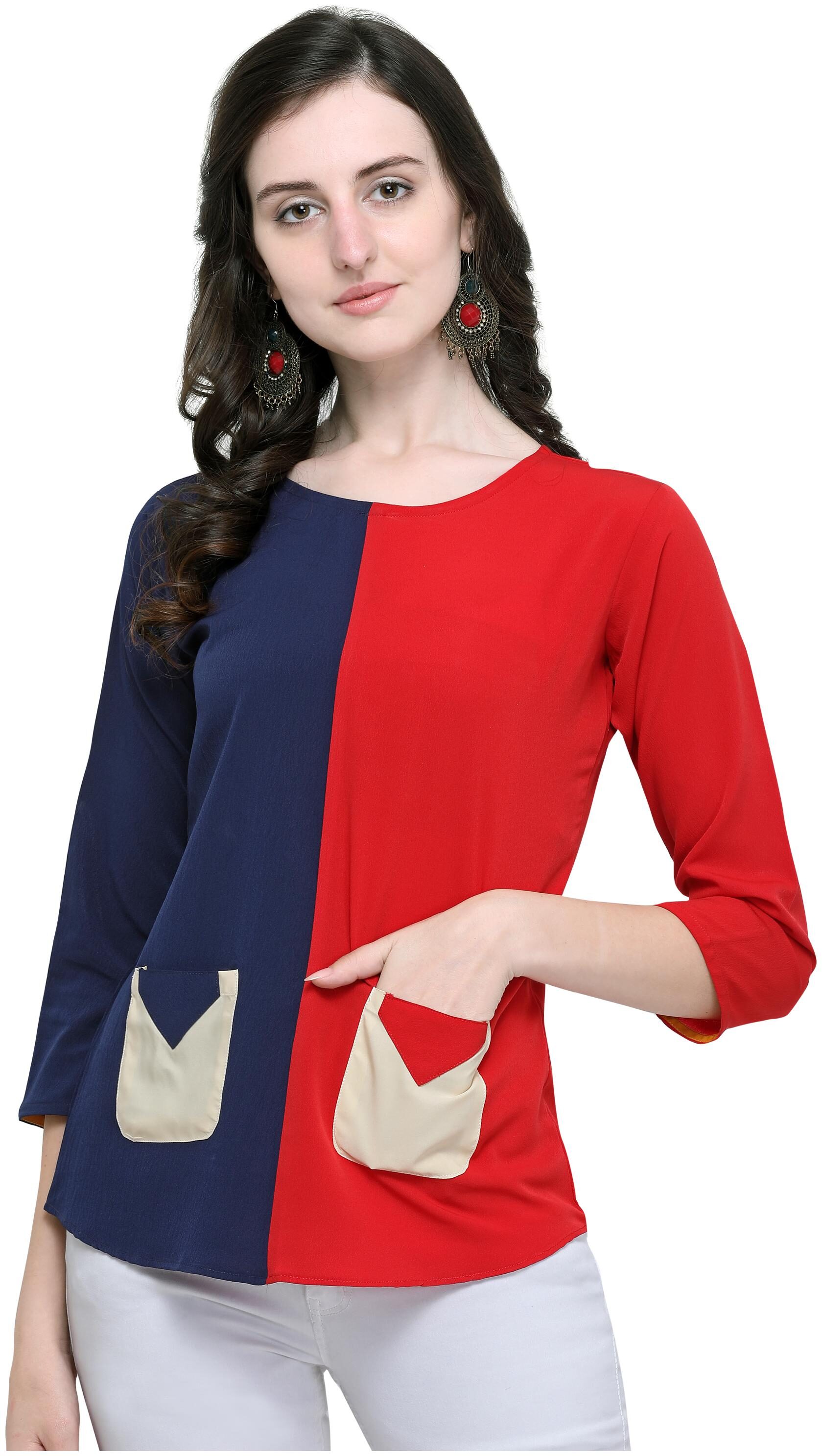 

Clothzy Crepe Colourblocked Navy Blue Red Color Regular Top