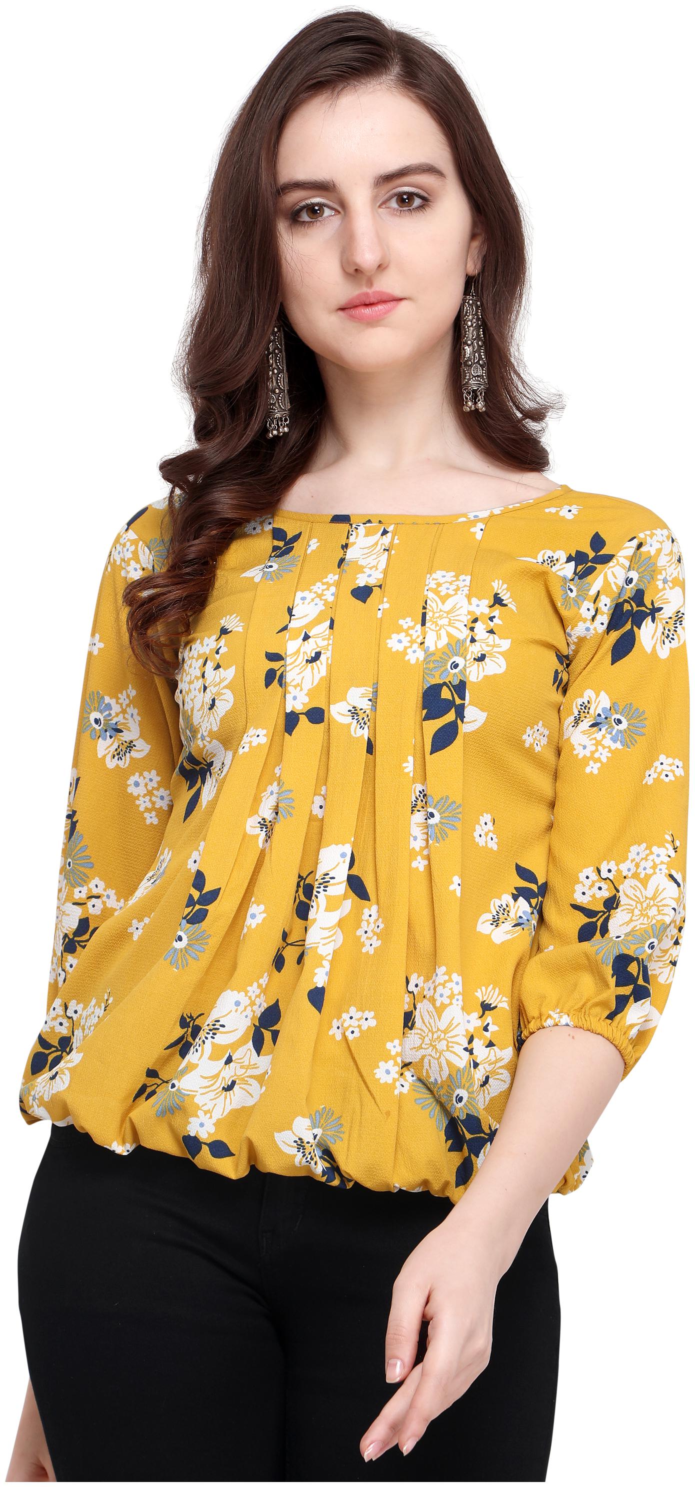 

Clothzy Crepe Floral Mustard Color Regular Top